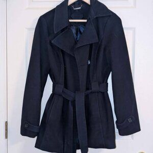 JOUJOU Navy Blue Peacoat Womens Large Belted Wool Blend‎ Coat Classic Lined